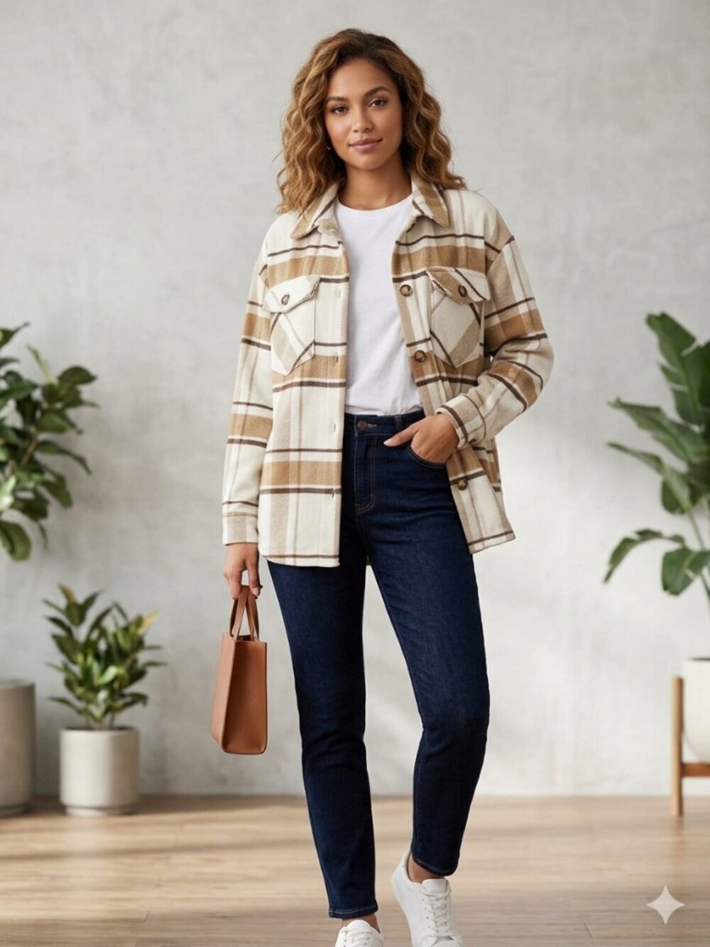 Love Tree Women's Size Small Brown Plaid Button Front High Low Shacket Jacket